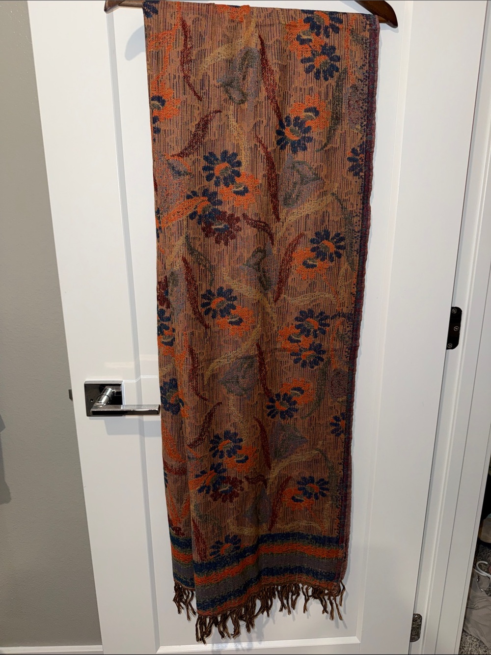 MARINA Floral Pattern Fringe Wrap in Orange, Navy & Brown